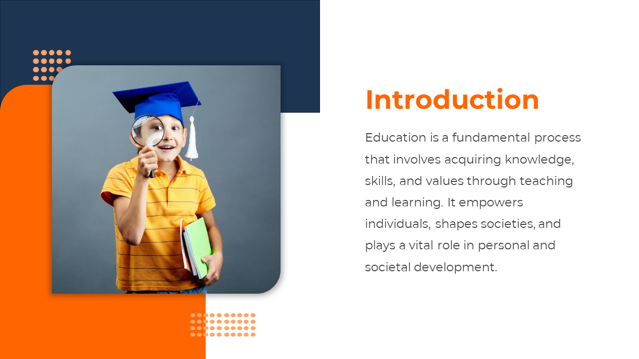 Education introduction slide with a child in a graduation cap, holding a magnifying glass, on an orange and blue theme.