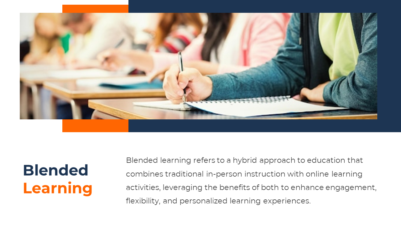 Blended learning slide featuring students taking notes, accented with modern geometric orange and navy design.