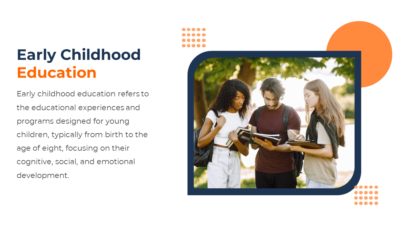 Education slide with a framed outdoor photo of students studying together, accented with blue and orange design elements.