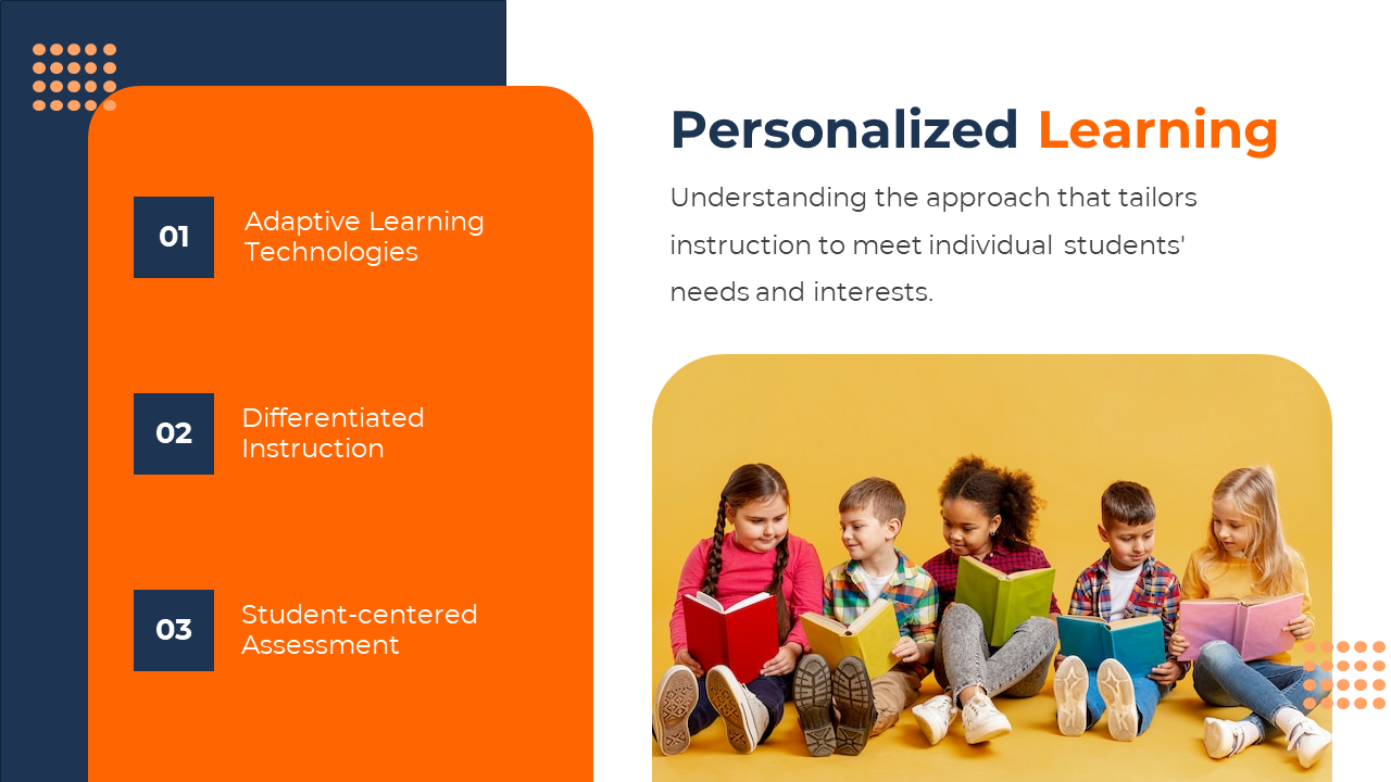 Learning slide with a yellow background photo of kids reading, and an orange content block with three blue numbered icons.