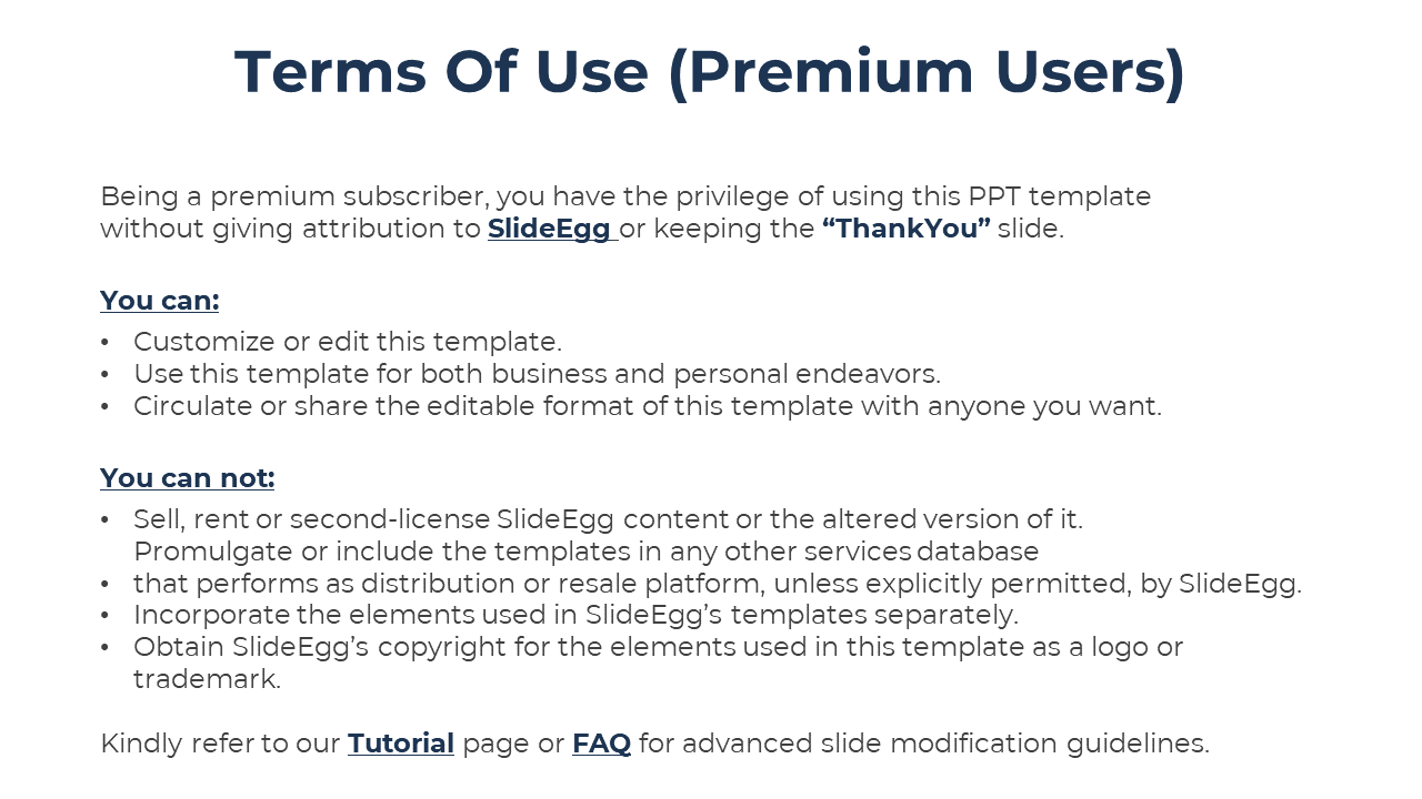 Slide with a structured terms of use layout, listing what users can and cannot do with the premium template.