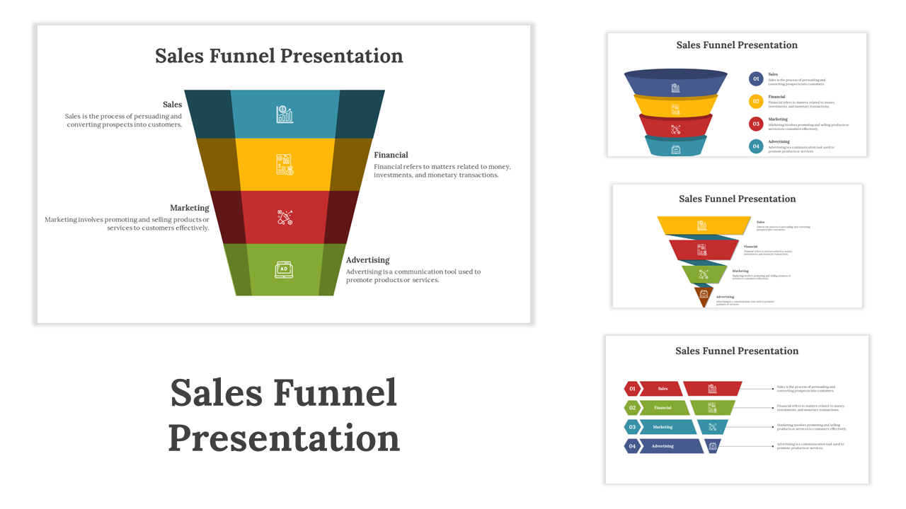 Colorful sales Funnel slide showing 4 stages Sales, financial, marketing, and advertising, with icons and descriptions.