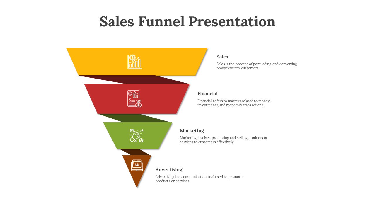 Sales funnel slide with four stages represented with colored sections and corresponding icons on a white theme.