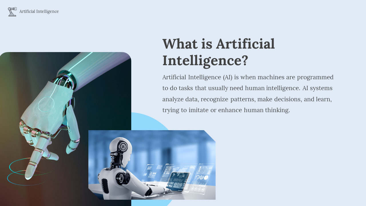 AI introduction slide featuring a glowing robotic hand and a digital workstation, with text on the right.