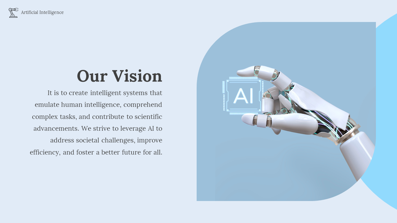 Vision slide with a futuristic blue theme, featuring a robotic hand interacting with a glowing AI display.