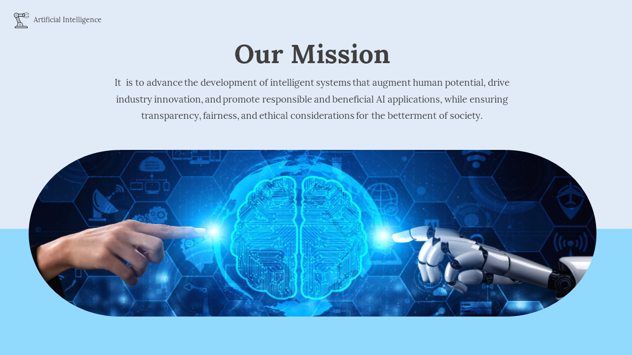 Mission slide showing a robotic and human hand interacting with a digital brain on a tech inspired blue backdrop.