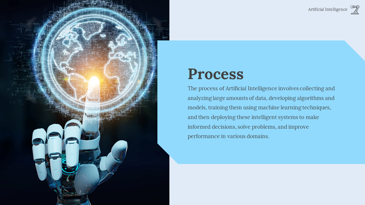 AI themed slide with a robotic hand pointing at a glowing digital globe, with a blue text box on the right.