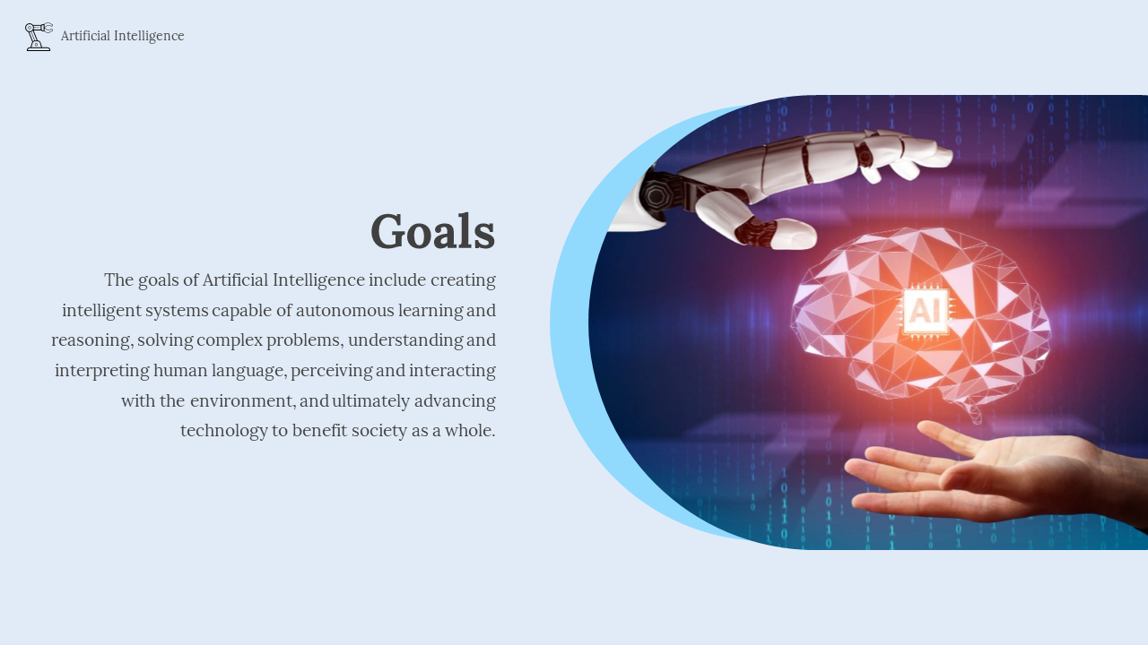 Slide with a futuristic image of a robotic and human hand interacting with a glowing brain, on a soft blue background.