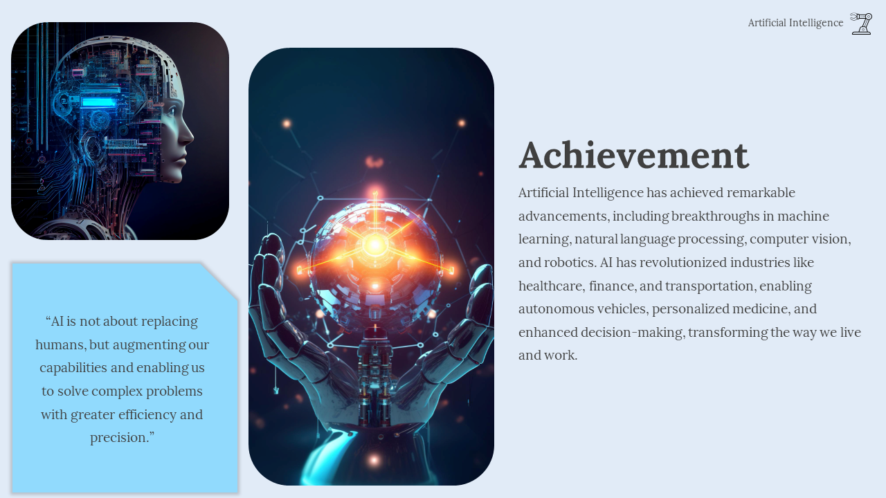 Artificial Intelligence slide showcasing a cybernetic human head and robotic hand with a glowing data sphere, and text.
