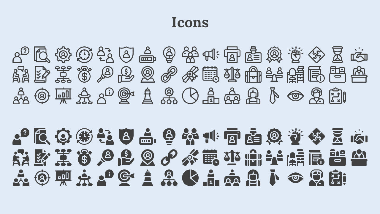 Slide featuring a mix of outlined and filled vector icons for business, leadership, finance, and communication.