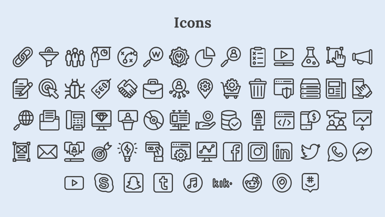 Collection of outlined icons on a light blue background, featuring business, technology, analytics, and social media symbols.