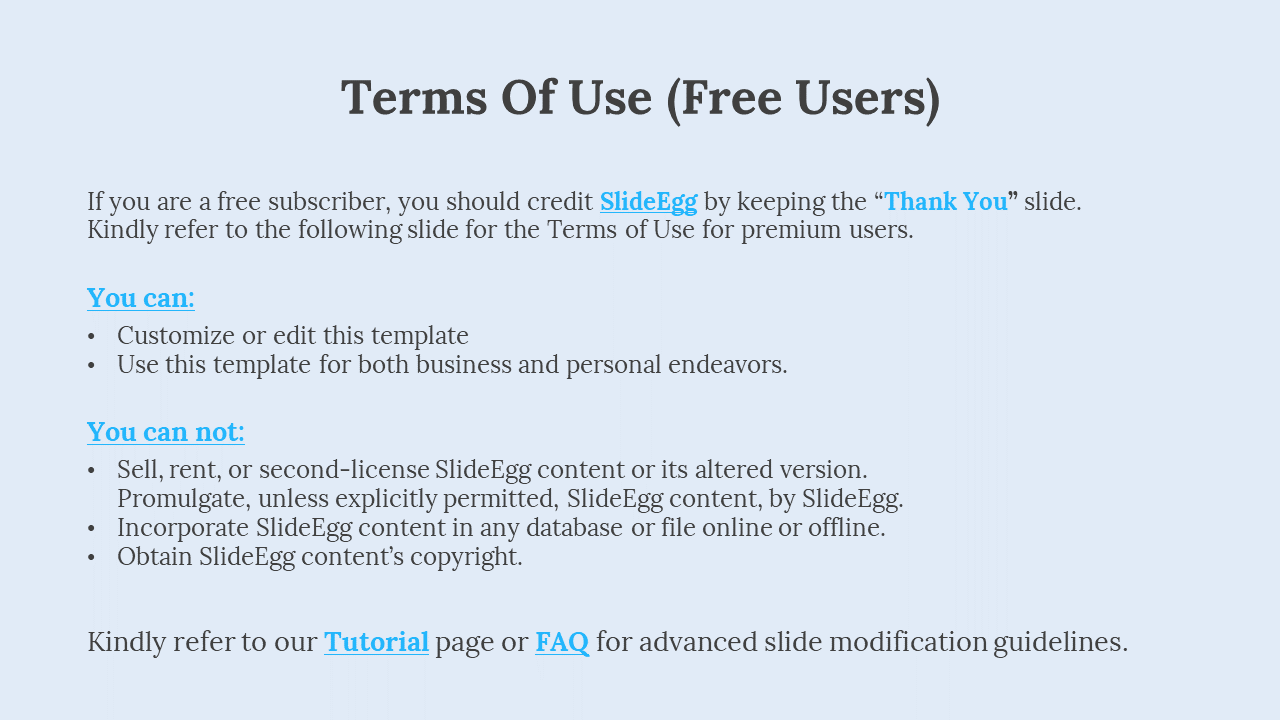 Slide outlining the rights and restrictions for free users, with blue highlighted links for tutorials and FAQs.
