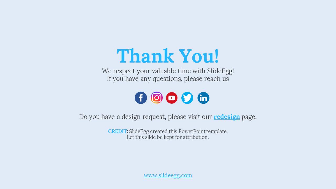 Thank you slide with social media icons, attribution text, and a website link on a soft blue background.