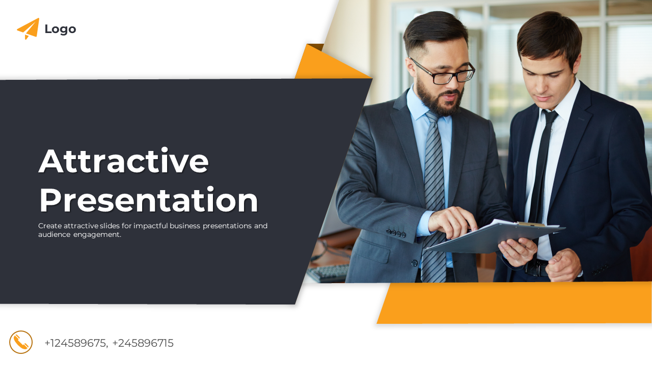 Attractive presentation with a dark and orange theme, featuring two business professionals reviewing a tablet.