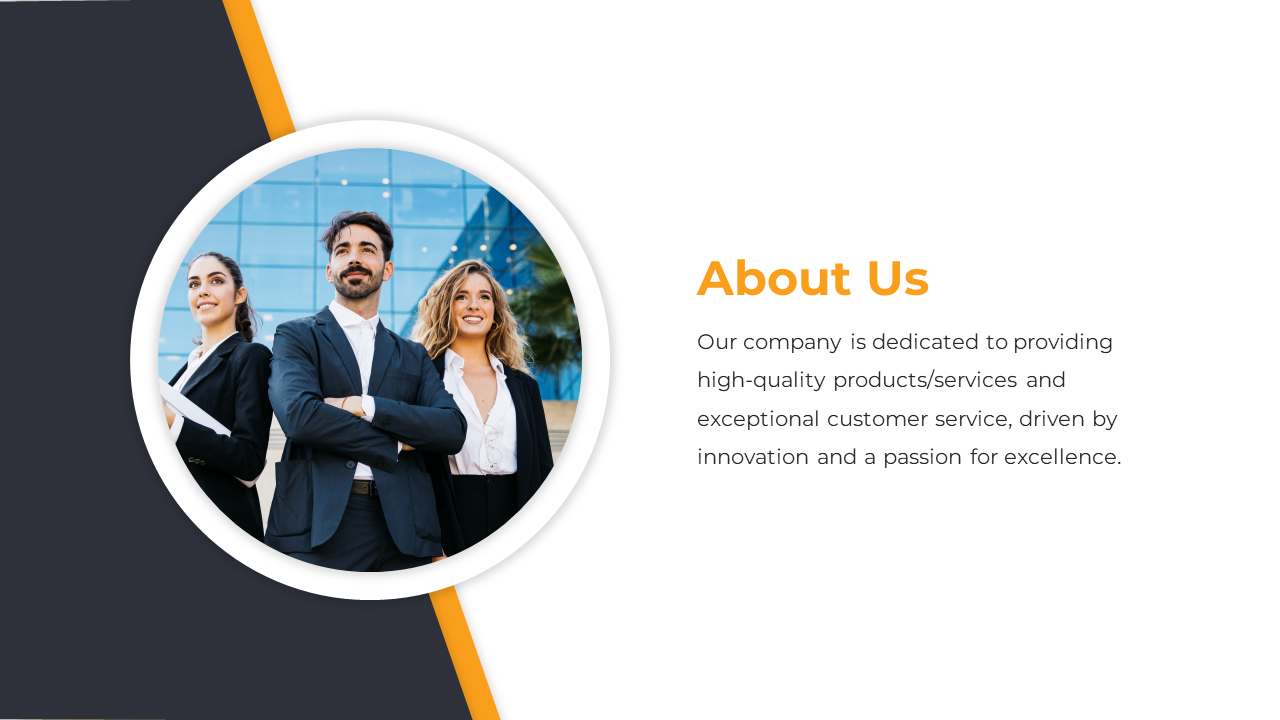 About us slide with an orange and dark theme, featuring three professionals standing together in front of a building.