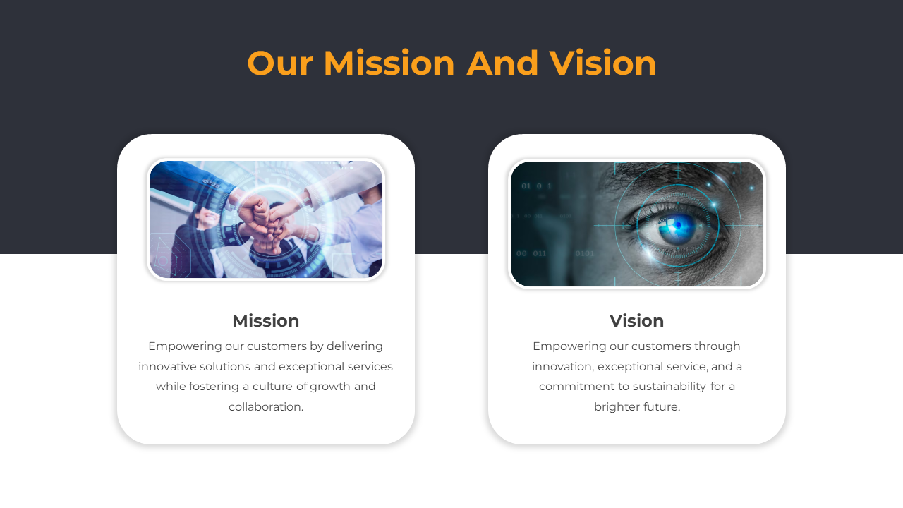 Slide showing the mission and vision, with images of hands joining and a futuristic eye symbol, framed in white boxes.