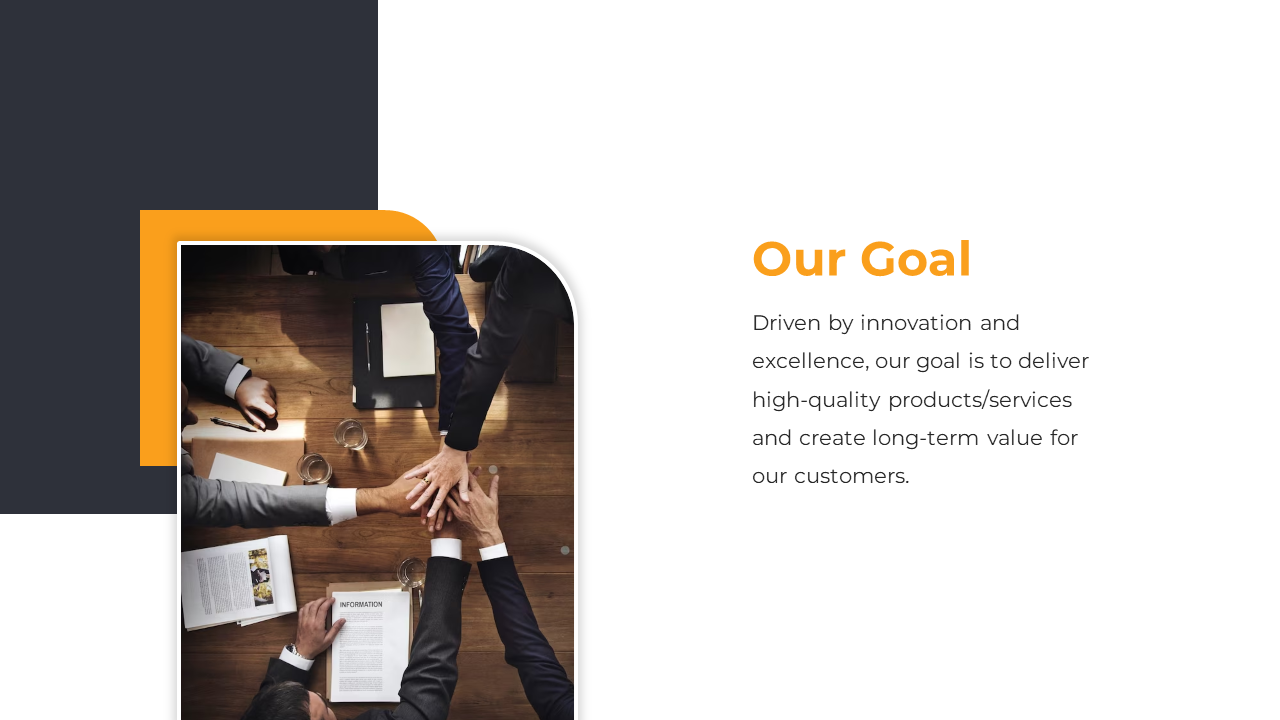Slide with an orange and dark theme, featuring an image of hands in a team meeting and a goal description on the right.