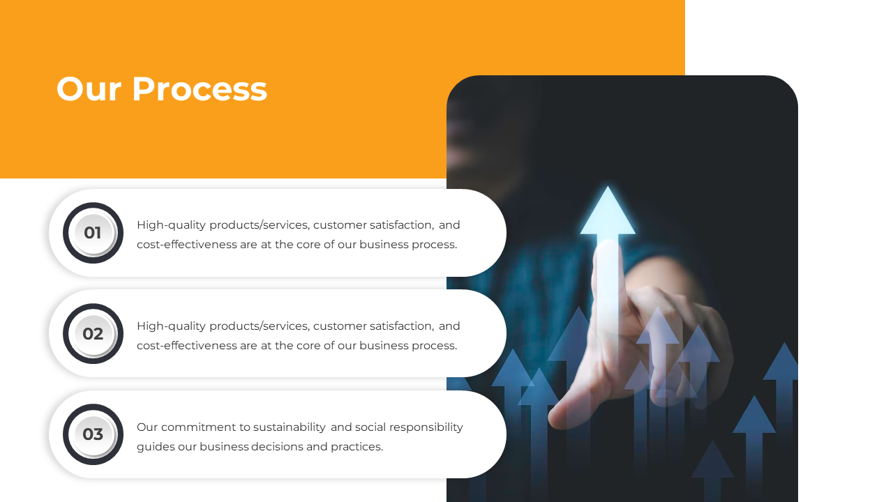Slide with an orange and white color scheme, featuring three circular icons and an image of a hand touching upward arrows.