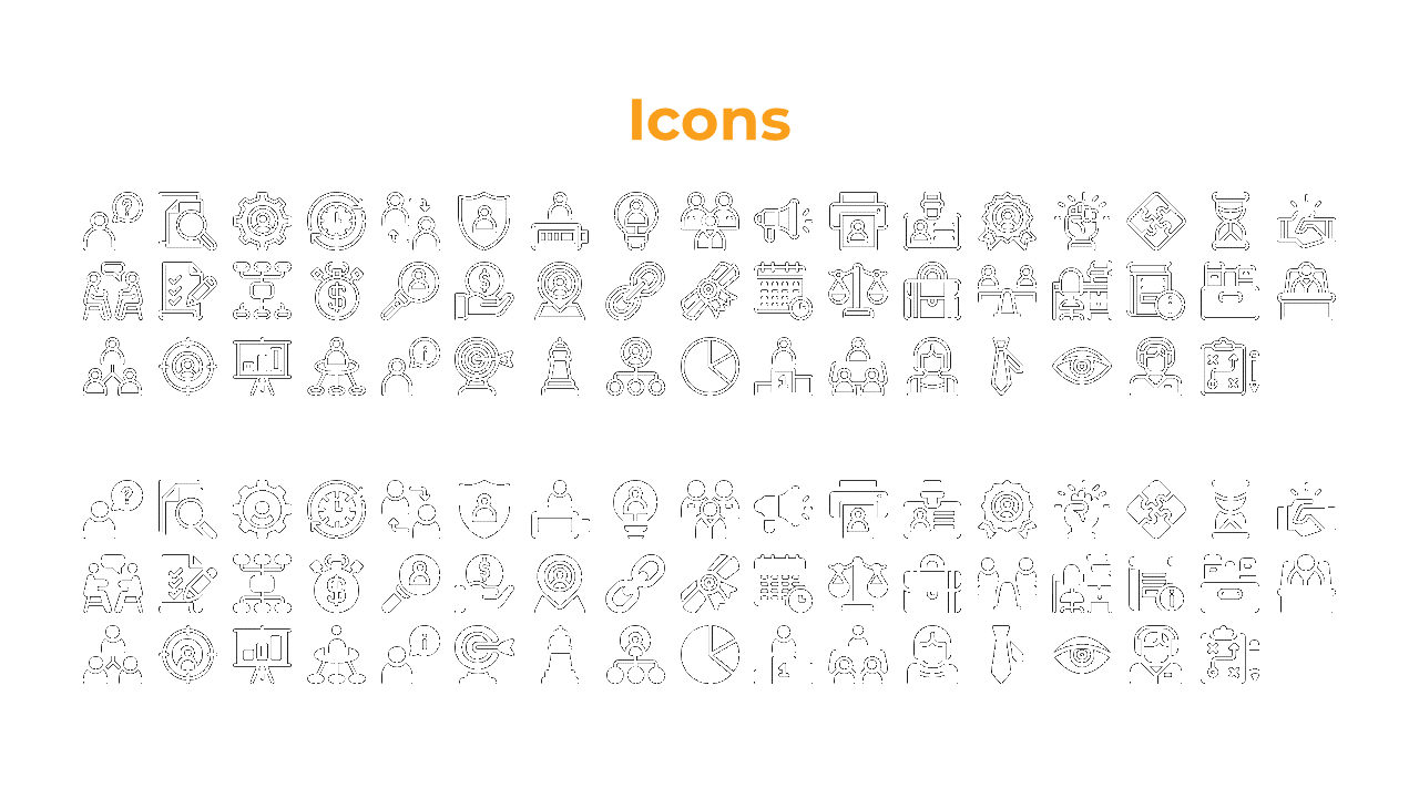 Set of monochrome icons grouped into two sections, featuring symbols for people, charts, and business activities.