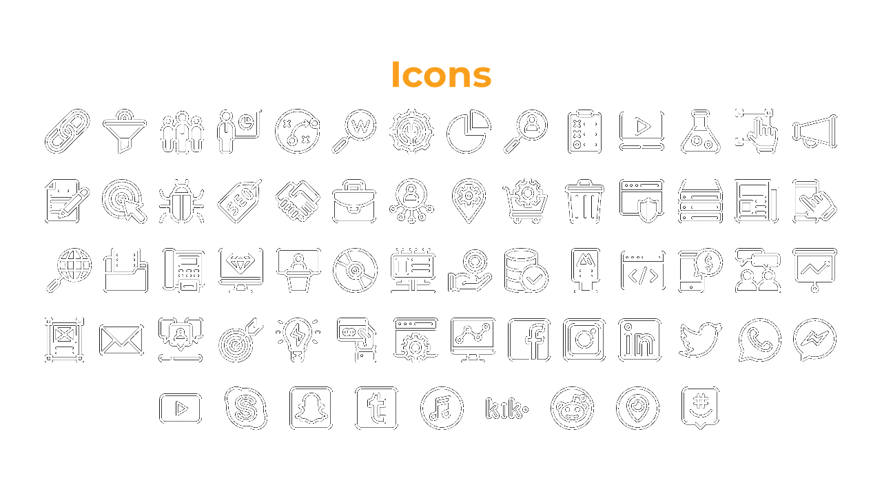 Slide with multiple icons arranged in rows, covering topics like communication, business, and media, in black and white.