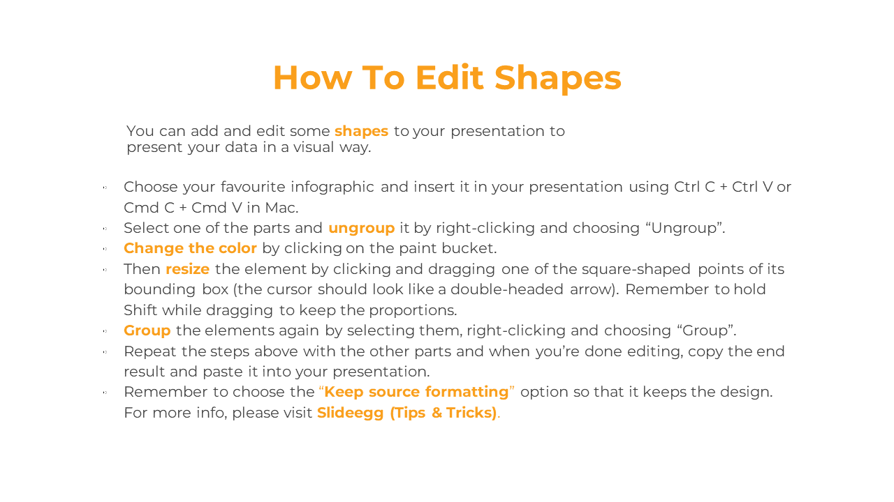 Tutorial slide with bullet points on editing shapes, featuring a step by step guide with orange headings.