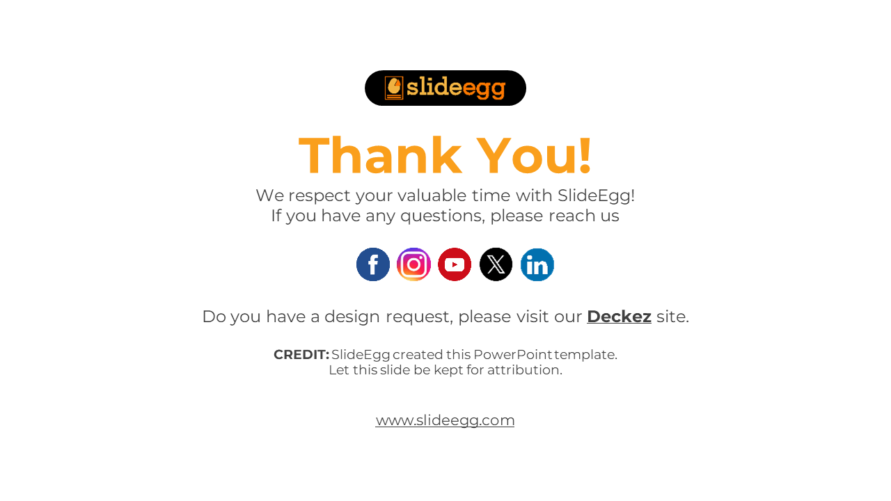 Slide with an orange text, followed by social media icons and a footer with design request and credit information.