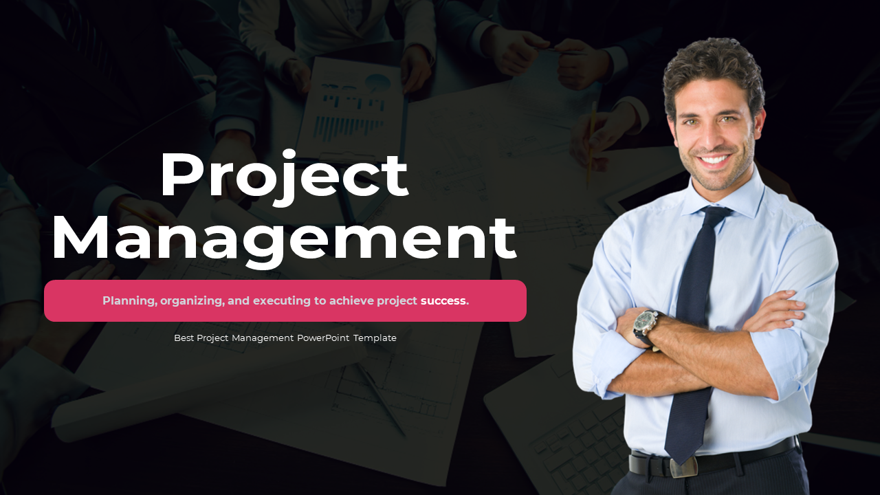 Slide deck with a modern design, showcasing images in pink highlights, and structured layouts for project details.