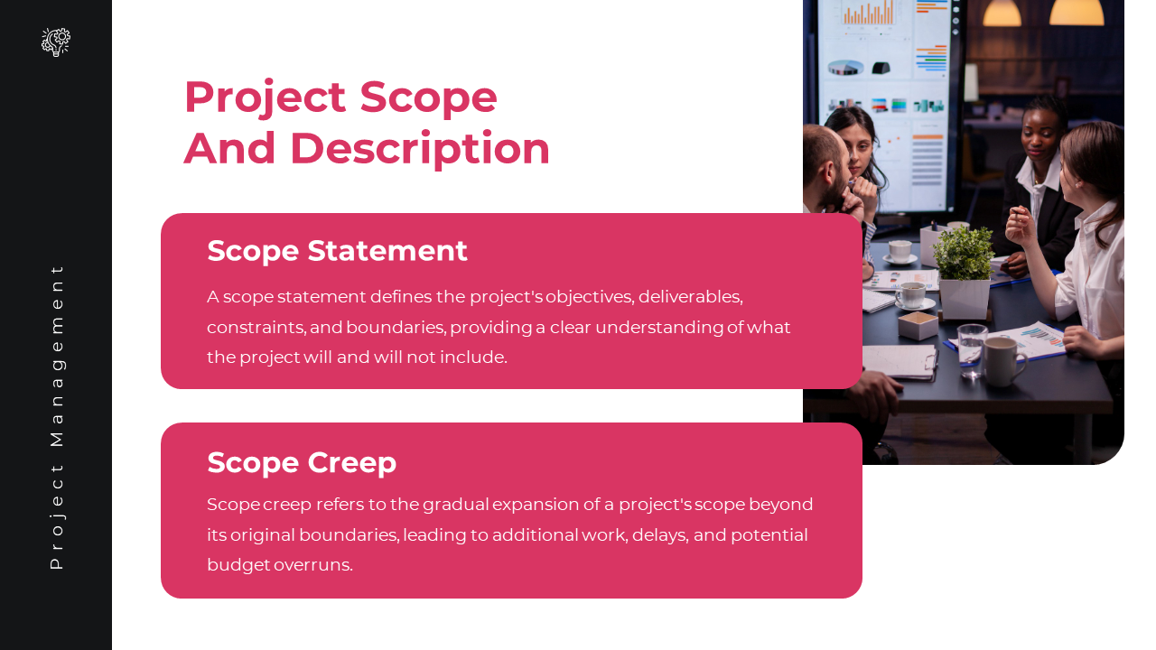 Project scope slide featuring two pink rectangular text boxes and a business team discussing with charts on the table.