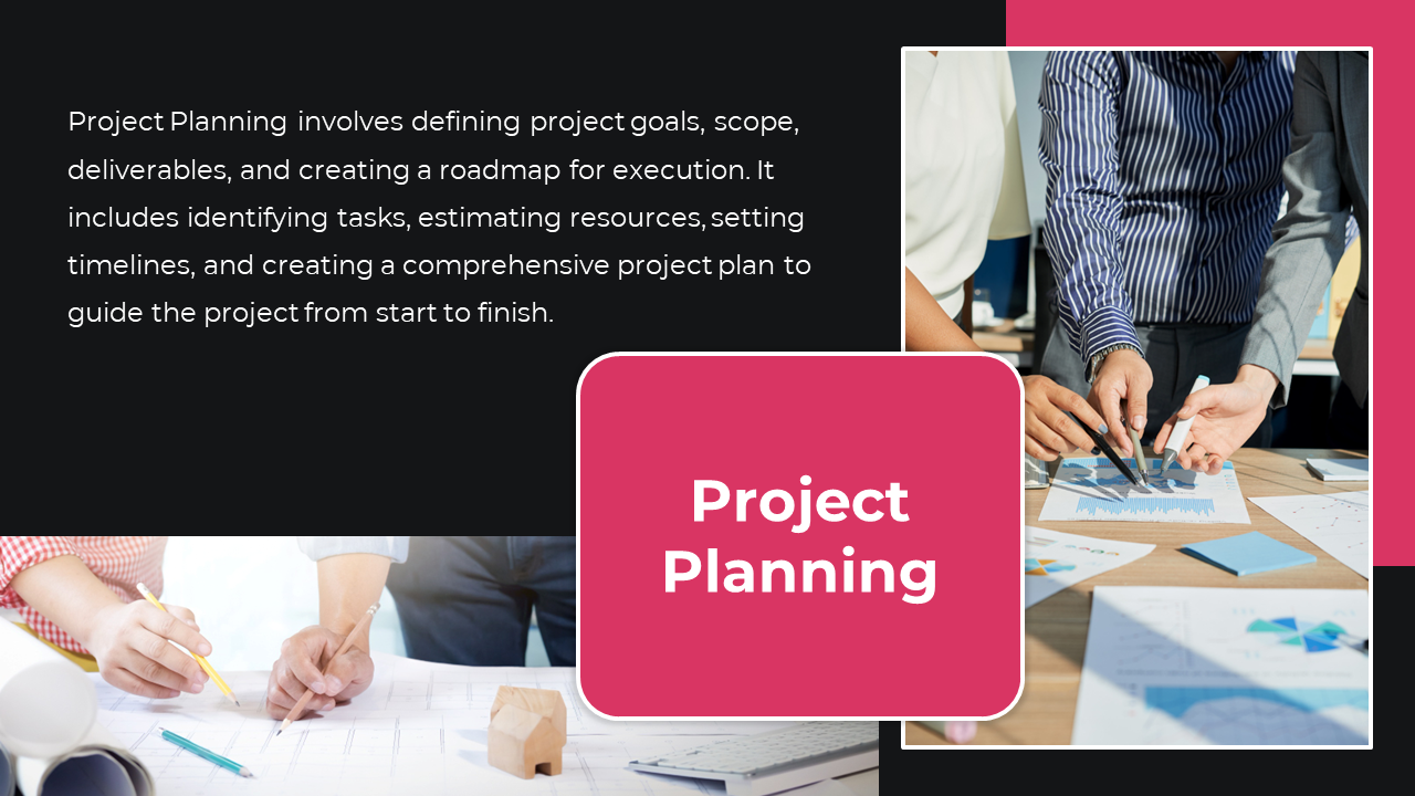 Project planning slide with a bold pink header and a team discussing a plan over documents and charts.
