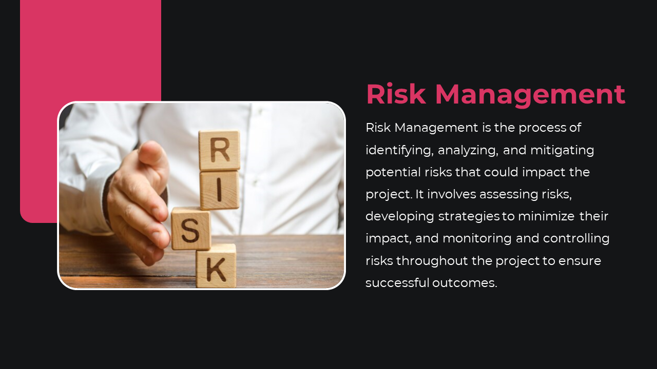 Risk management slide with a person handling wooden blocks, set against a dark background with a pink header.