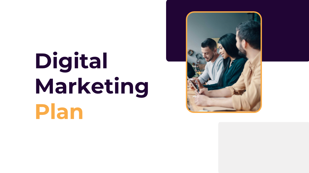 Digital marketing plan slides, covering key areas like mission, vision, mobile marketing, and media strategies.