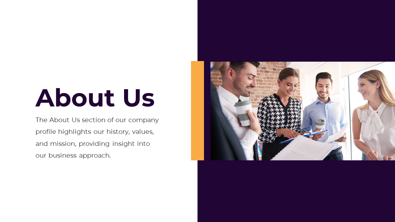 About us slide with purple and white design, featuring text and a photo of a team discussing over documents on the right.