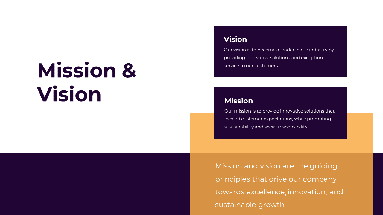 Professional slide with mission and vision descriptions in purple and orange boxes, set against a white background.