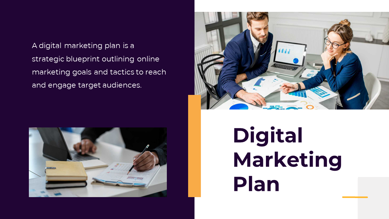 Slide on digital marketing plan with a purple and white background, featuring a team analyzing charts and graphs on a laptop.