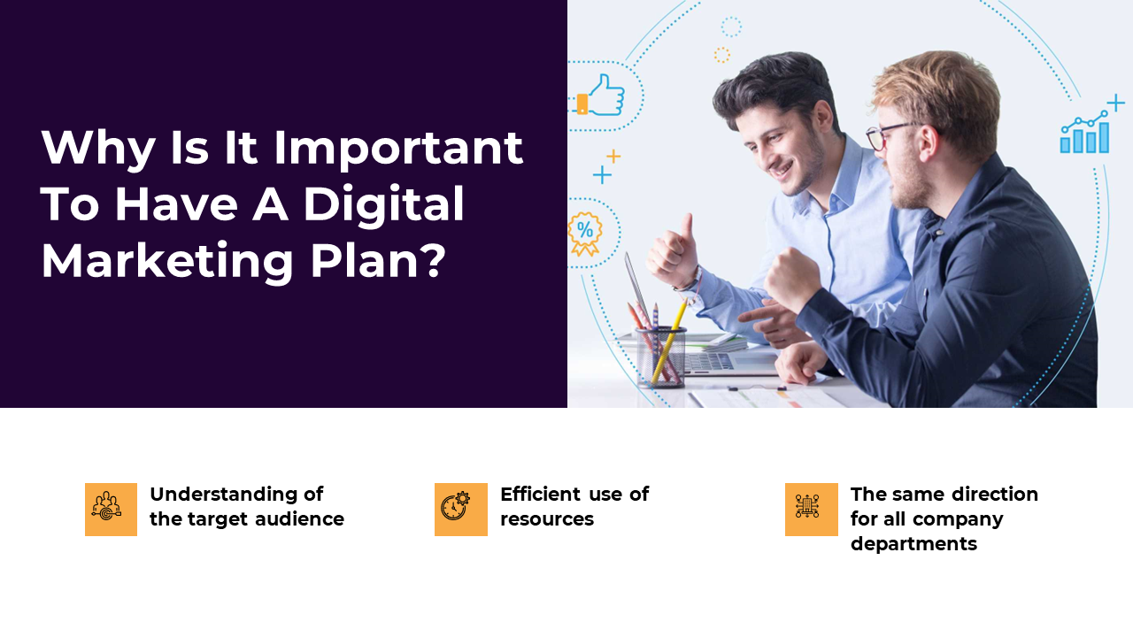 Importance of a digital marketing plan slide with three text and an image of two professionals discussing over a laptop.