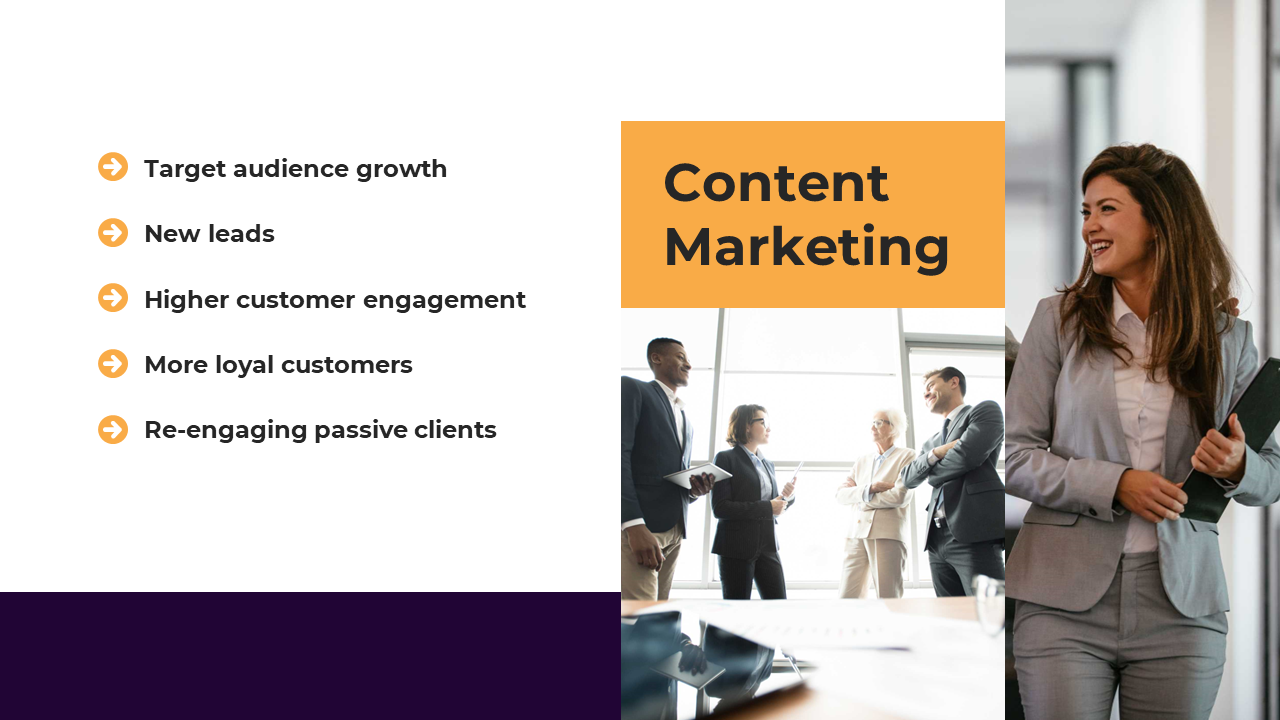 Content marketing slide in orange and purple color scheme, featuring bullet points and a group of professionals on the right.