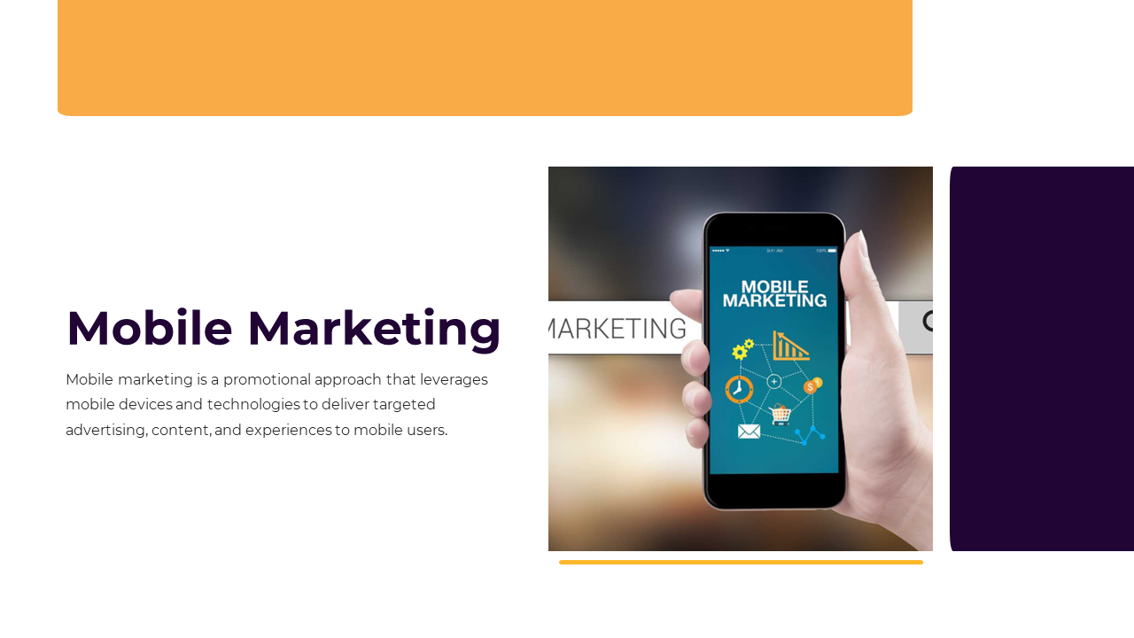 Slide with a hand holding a phone showing targeted marketing icons, and a clean design with orange and purple sections.