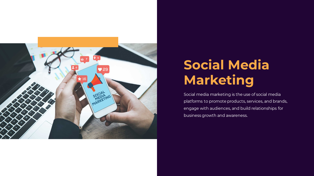 Slide with a purple and white layout featuring a person holding a phone with social media marketing notifications.