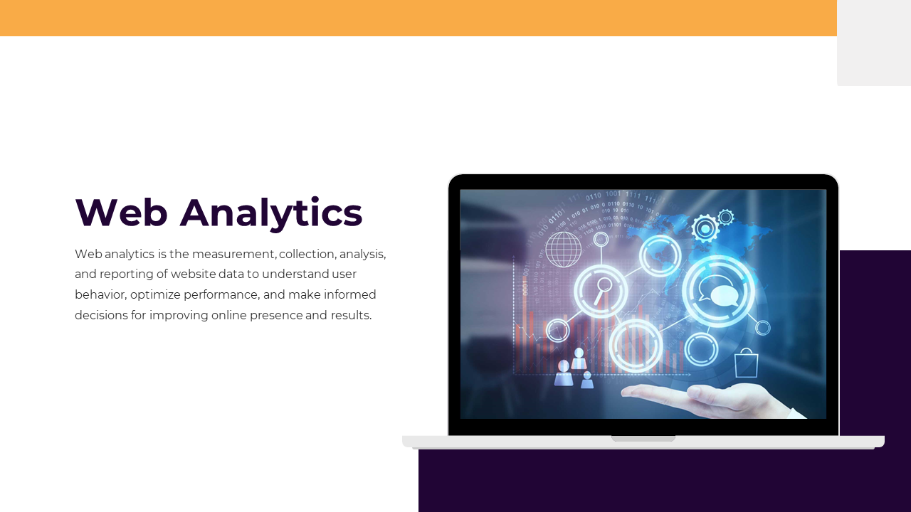 Slide with a white and purple layout featuring a laptop displaying web analytics with icons representing data and graphs.