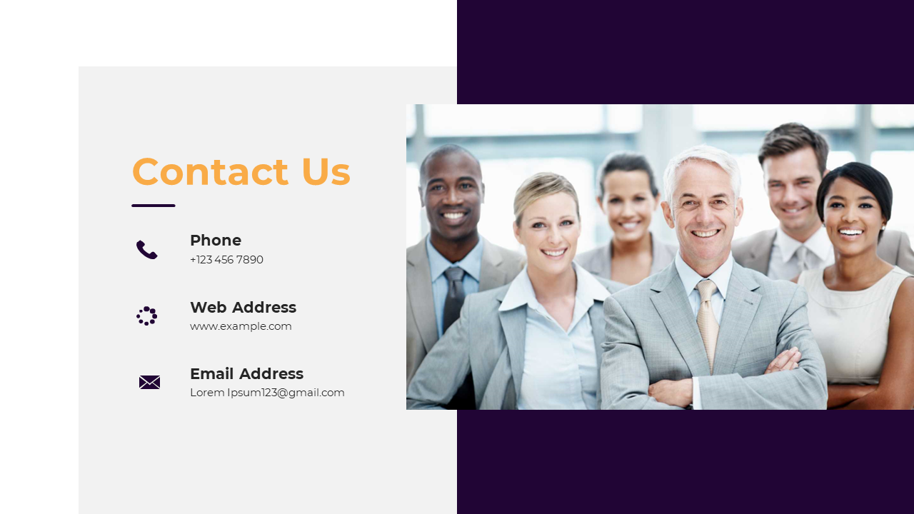 Slide featuring a smiling business team on the right and contact details in orange and dark purple on the left.