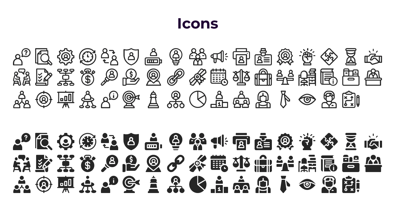 White slide with dark purple title displaying two sections of outlined and filled business and marketing icons.