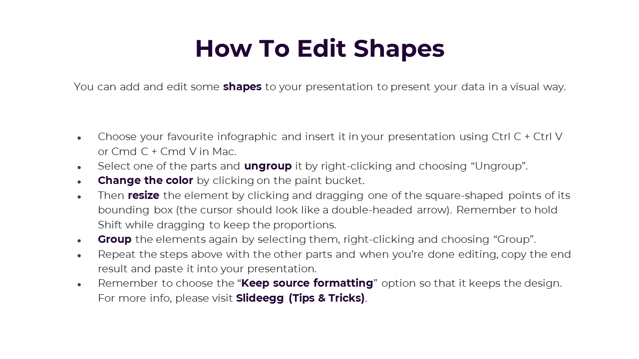 Slide with a white background and dark purple heading, explaining how to edit shapes with bullet points and bold keywords.