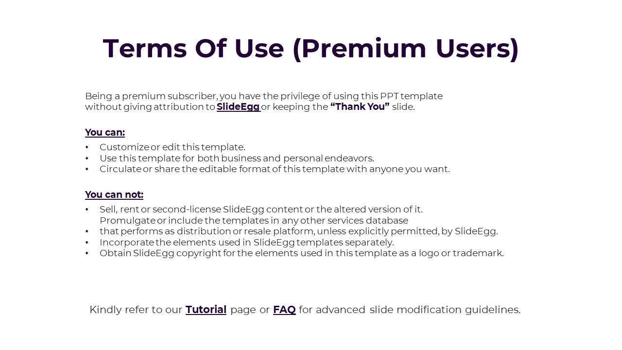 Centered terms of use slide for premium users with a white background, bold dark purple title, and bulleted sections.