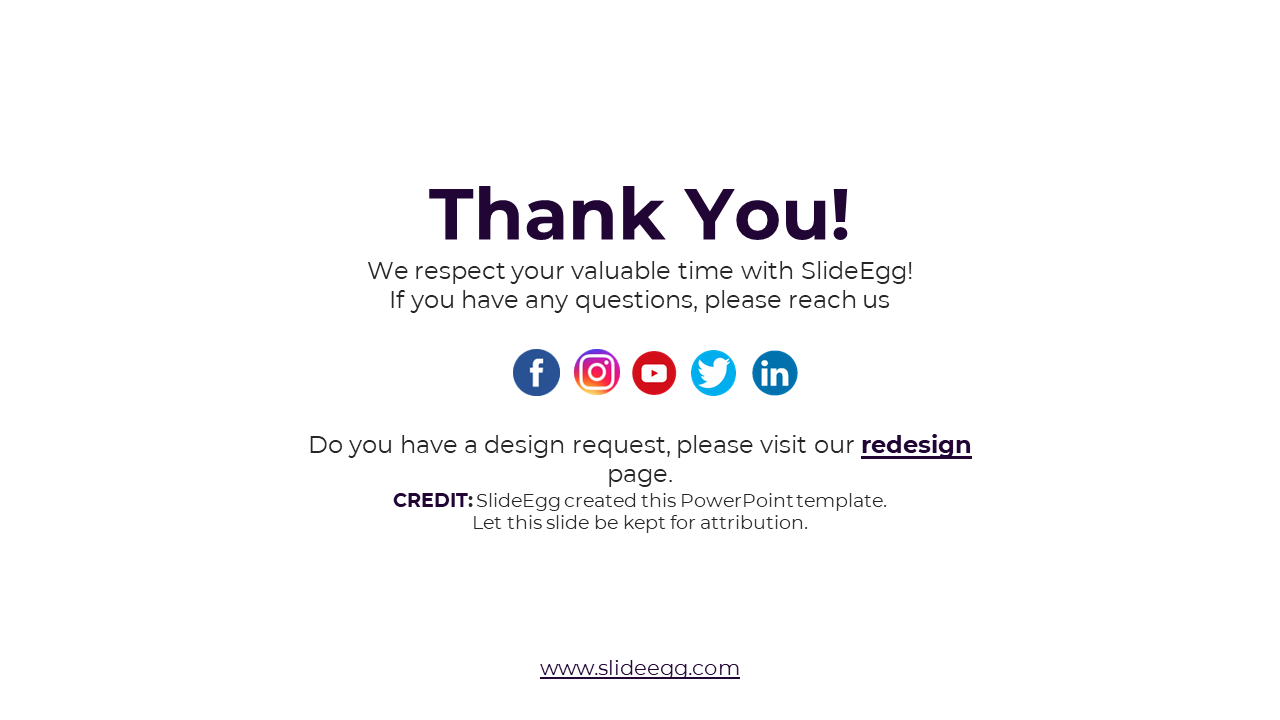 Centered thank you slide with a white background, dark purple text, and colorful social media icons in a horizontal layout.