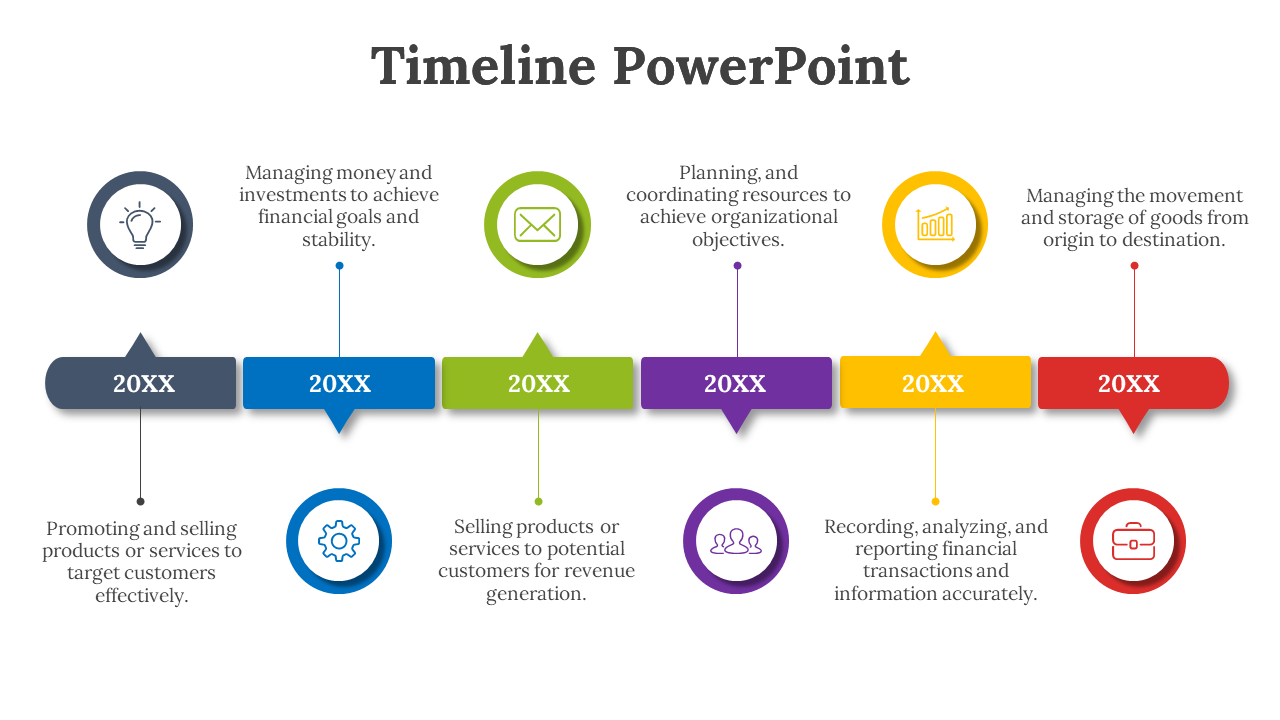Timeline with colorful arrows in gray, blue, green, purple, yellow, and red, each representing business functions with icons.