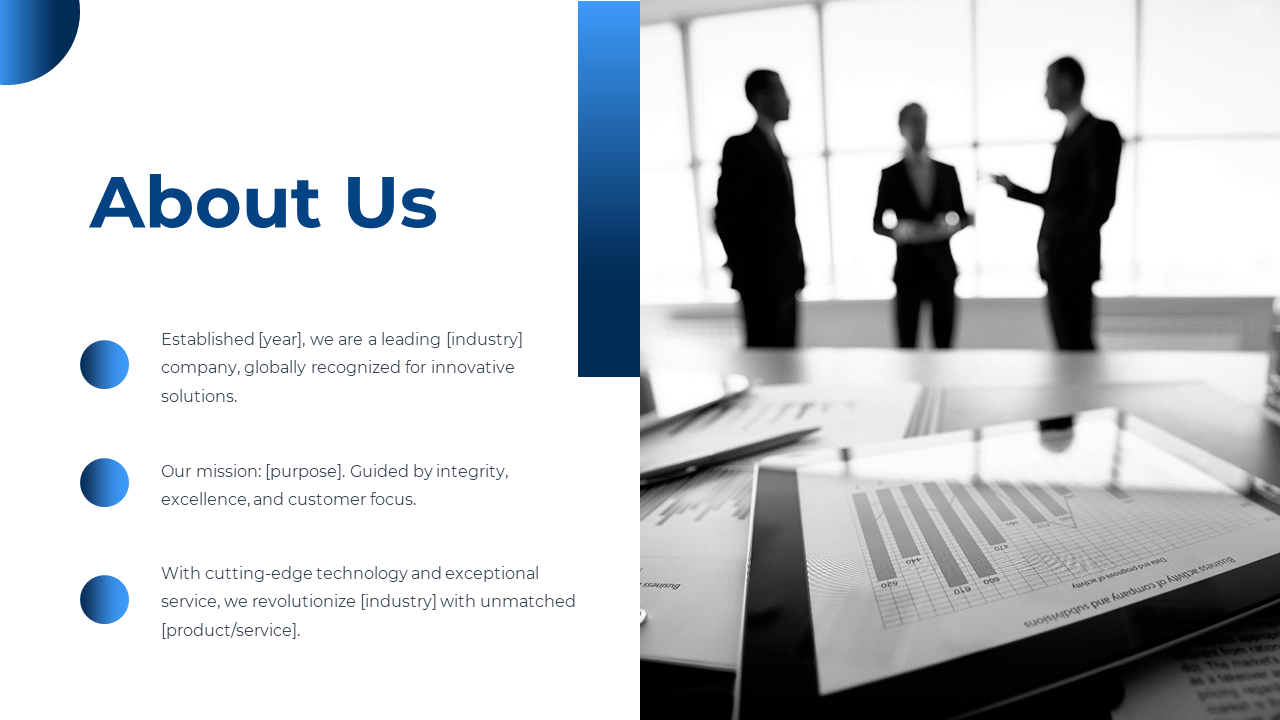 About Us slide with key points on company history, mission, and industry focus, featuring a blurred background.