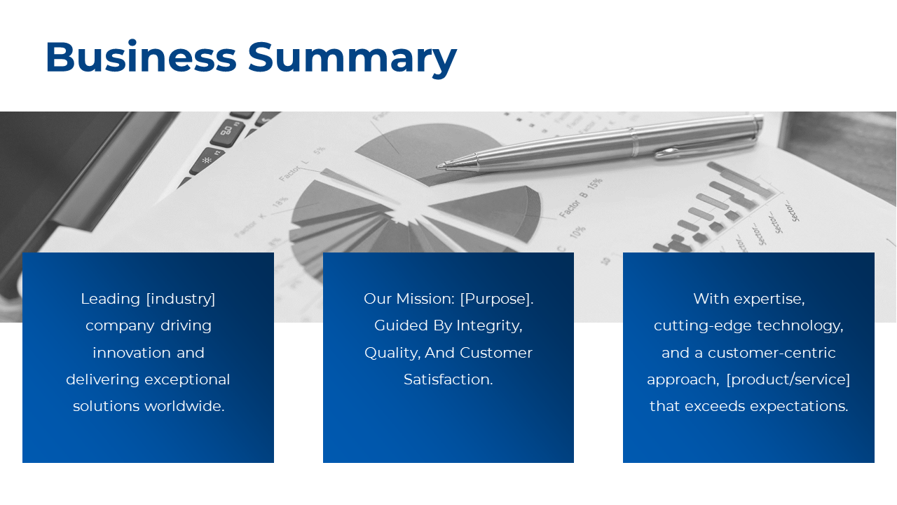 Business summary slide showcasing key points with a background of financial data and charts with blue boxes.