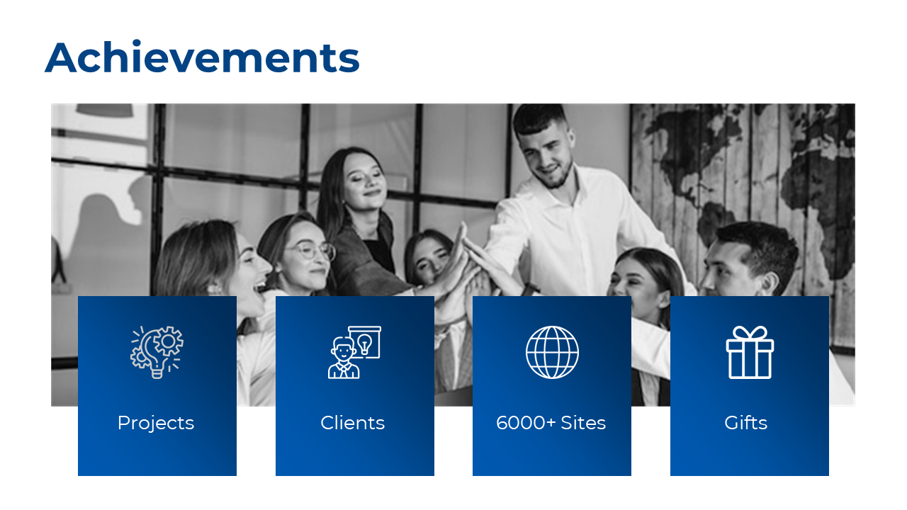 Achievements slide showing a team celebrating success, with icons representing projects, clients, 6000 sites, and gifts.