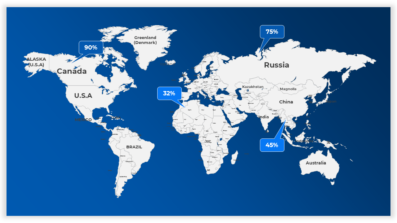 World map with percentage data for Canada, Russia and other countries marked with numbers indicating statistical information.