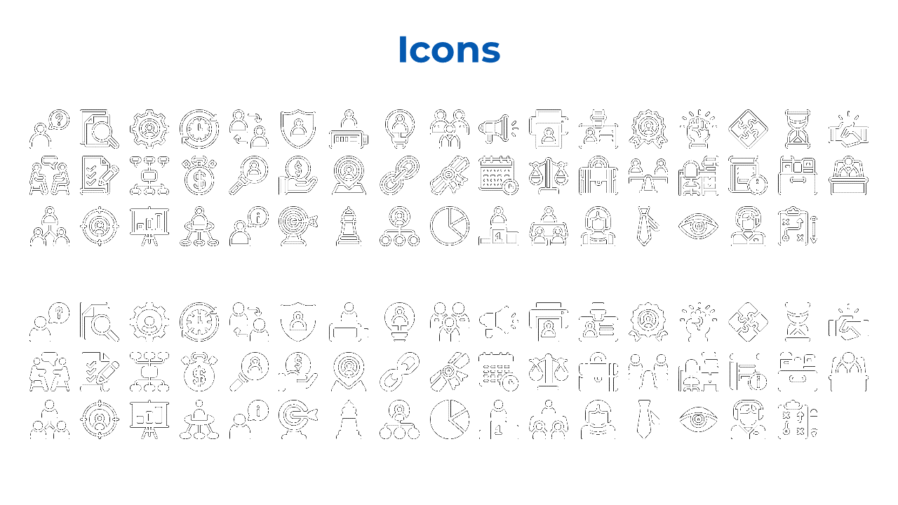 A set of various black icons representing business concepts such as teamwork, target setting, analysis, and communication.